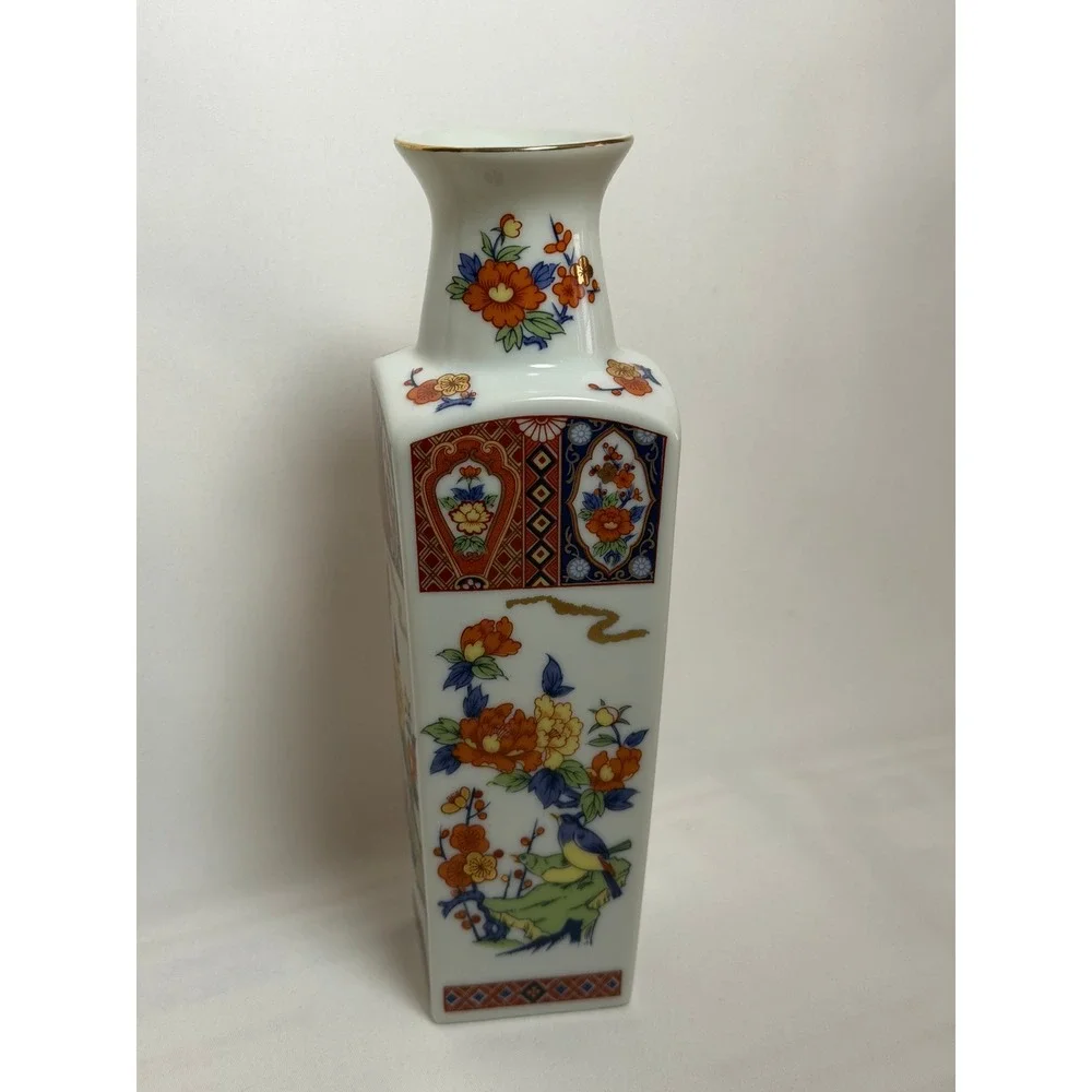 Vintage Japanese Imari Square Porcelain Vase Chinoiserie Floral Bird Gold 8
